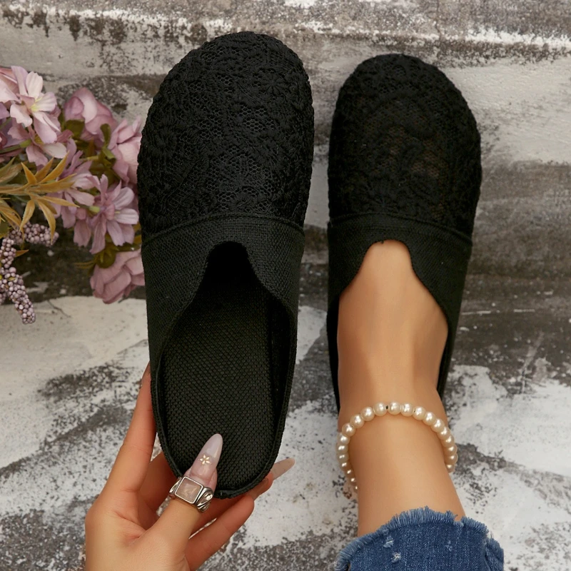 Modische Heißer Verkauf Sexy Atmungsaktive Flache Hausschuhe Frauen Sommer Neue Runde Kappe Elegante Komfortable Schwarz Casual Frauen Schuhe