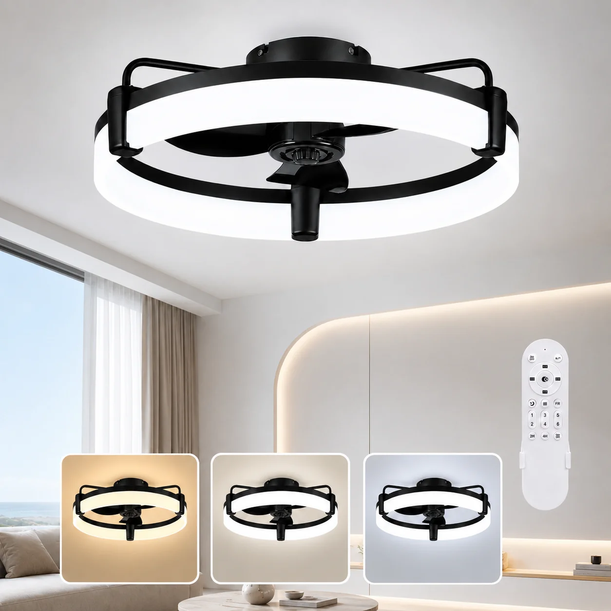 Aiopp Reversible LED-Deckenventilator mit Beleuchtung, 3 Farbtemperaturen und 6 Geschwindigkeiten, superleiser, intelligenter Timer-Deckenventilator mit Lampen für Wohnzimmer, Esszimmer, Schlafzimmer