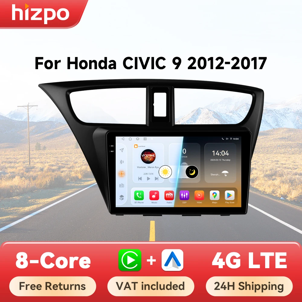 Hizpo Wireless CarPlay Android Auto Autoradio für Honda Civic 9 2012–2017 GPS Smart Systems Autoradio Octa Core 6115 GPS Navi