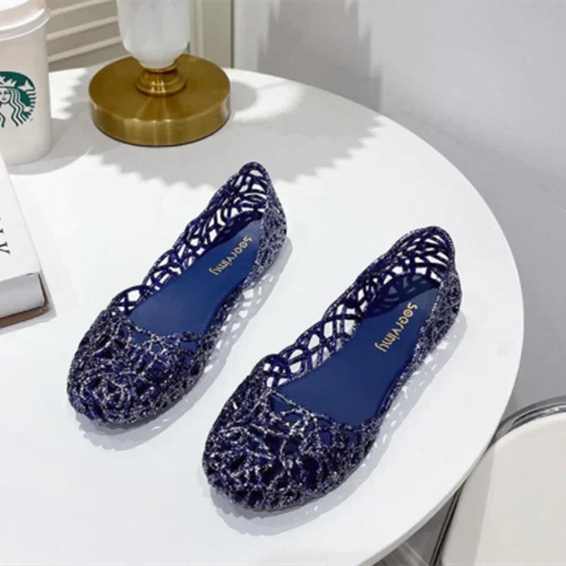 Damen-Gelee-Schuhe, schillernde blaue Gold-Flats, PVC-Slip-Ons, runde Zehen, atmungsaktiv, Ausschnitt, tägliche Ballett-Mokassins, breite Passform, EU 41–36 9