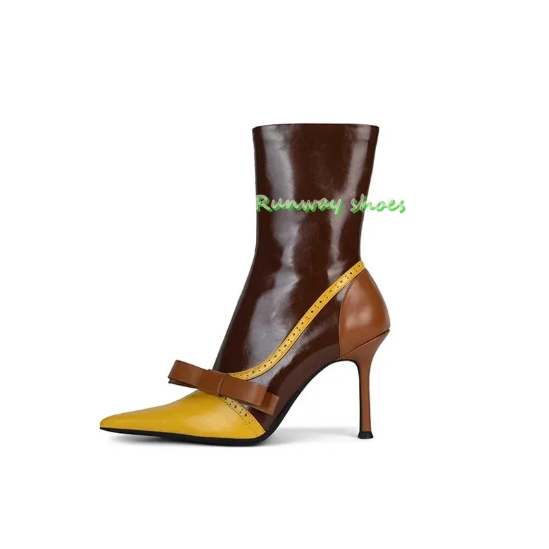 Patchwork-Stil, spitze Stilettos, orangefarbene Stiefeletten, Stil, Runway-Stil, Winter-Damenstiefel, Weihnachtsfeier, Damenschuhe