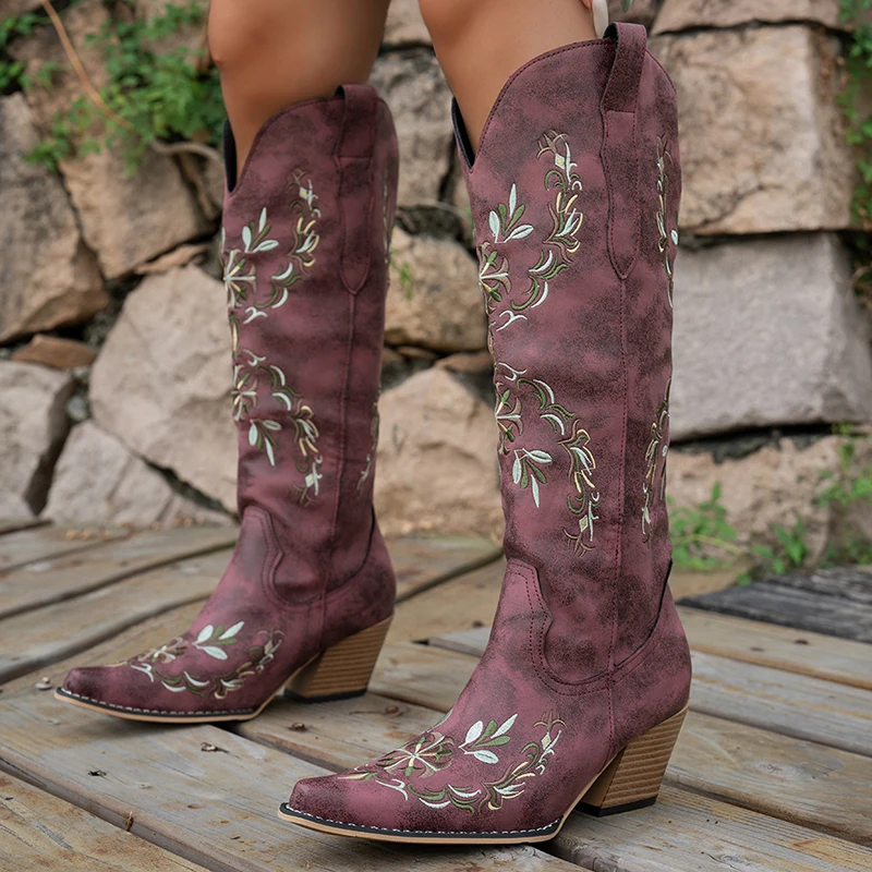 Vintage Bestickte PU-Leder Cowboystiefel für Damen Spitze Zehe Hoher Absatz Western-Stiefel Slip-on Kniehohe Lange Stiefel Mujer
