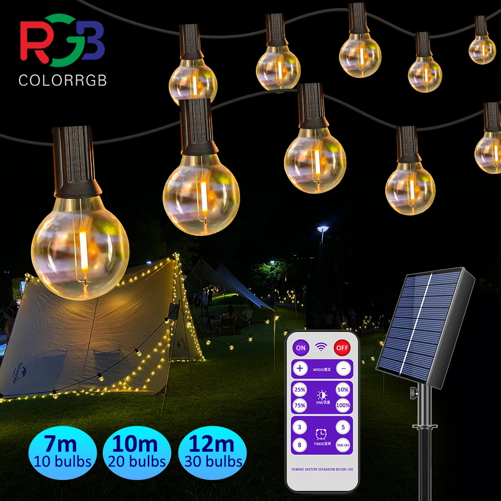 12 m 30 LEDs G40 Solar-Lichterkette für den Außenbereich, Terrassenbeleuchtung, solarbetrieben und USB-betrieben, wasserdichte Kugel-Hängeleuchten mit bruchsicherem Glas