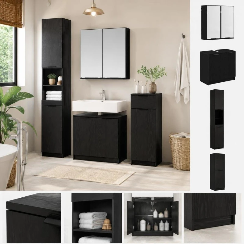 2-teiliges Badezimmermöbel-Set aus schwarzem Eichenholz, Waschtischunterschrank mit Stauraum, modernes Design-Badezimmermöbel, Waschbecken- und Badezimmermöbel-Set, praktischer Stauraum für kleine Badezimmer, elegante Inneneinrichtung