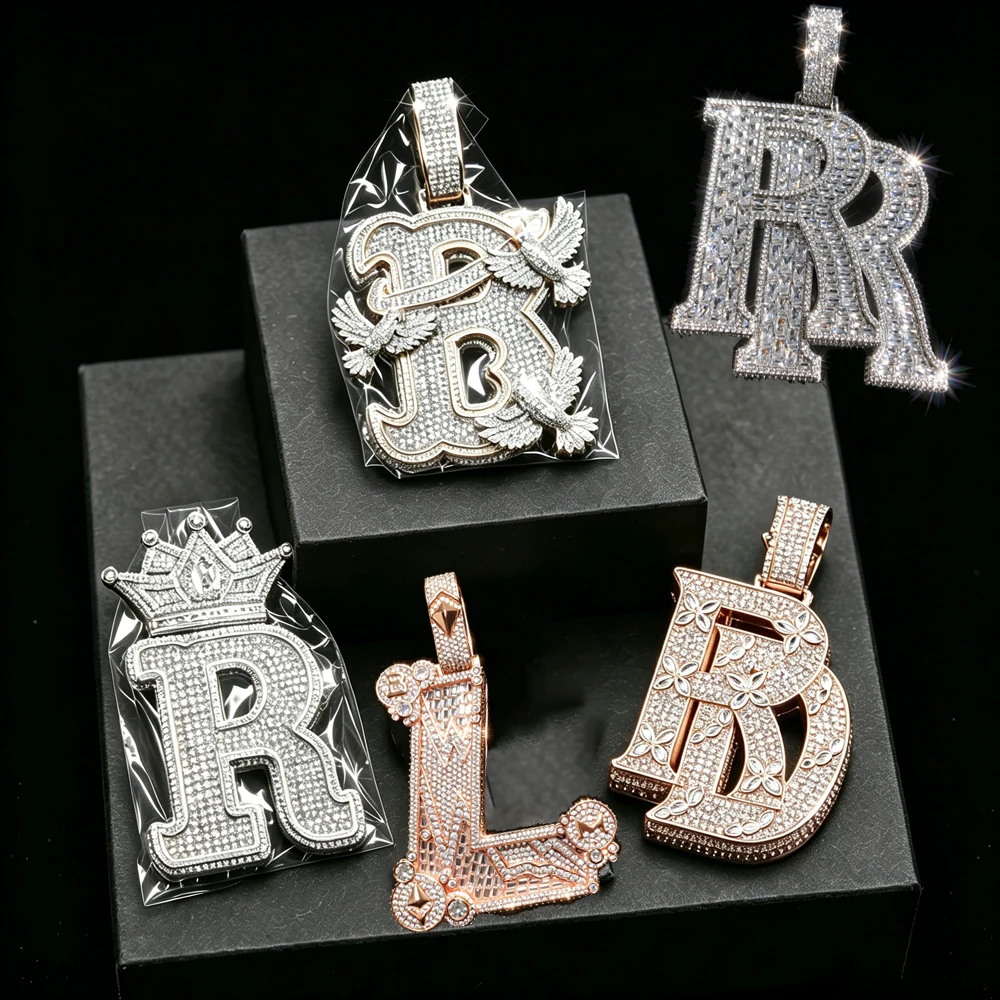Funkelnde Iced-Out Voll-Diamant-Buchstaben-Halskette Anhänger D R P B J Geformt für Namen 5A Kubikzirkonia Hip-Hop Rapper Schmuck Geschenke