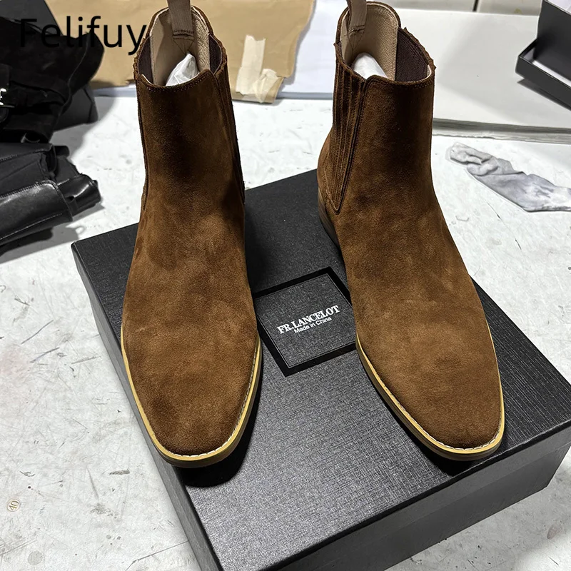 Britischer Stil Kuh Echtleder Herren Chelsea Stiefeletten Slip-on Gummiband High Top Sneakers Casual Dress Boot für Herren