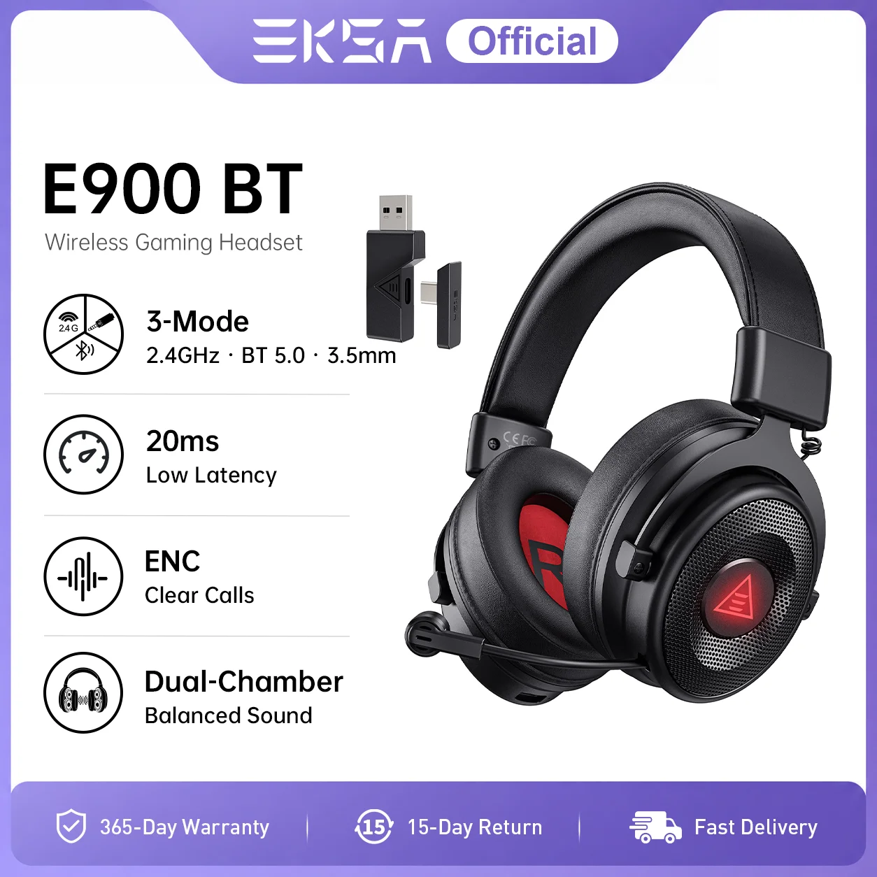 EKSA E900 BT 2.4GHz Kabellose Gaming-Kopfhörer Bluetooth 5.0 Headset 20ms Niedrige Latenz ENC-Mikrofon 50mm 50H 3.5mm Kabelgebunden PC PS5 Xbox
