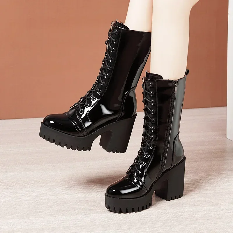 10cm Kleine Größe 32-43 Herbst Winter Echtleder Stiefel Plateau-Schuhe 2026 Damen Blockabsatz Mittelhohe Stiefel Büromodell