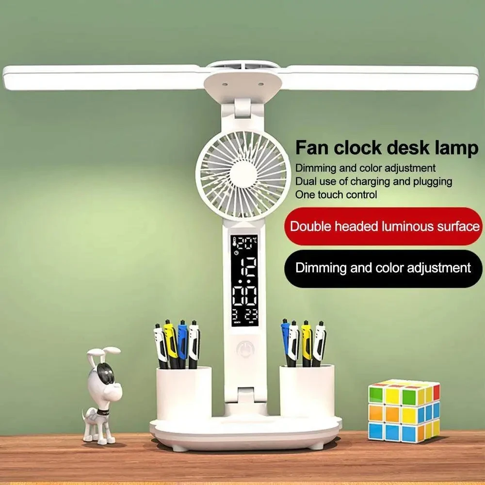 Wiederaufladbare Tischlampe für Arbeitszimmer, Schreibtischlampe, Leselicht, LED-Tischleuchte mit Ventilator, LED-Leselampe mit Uhrendisplay