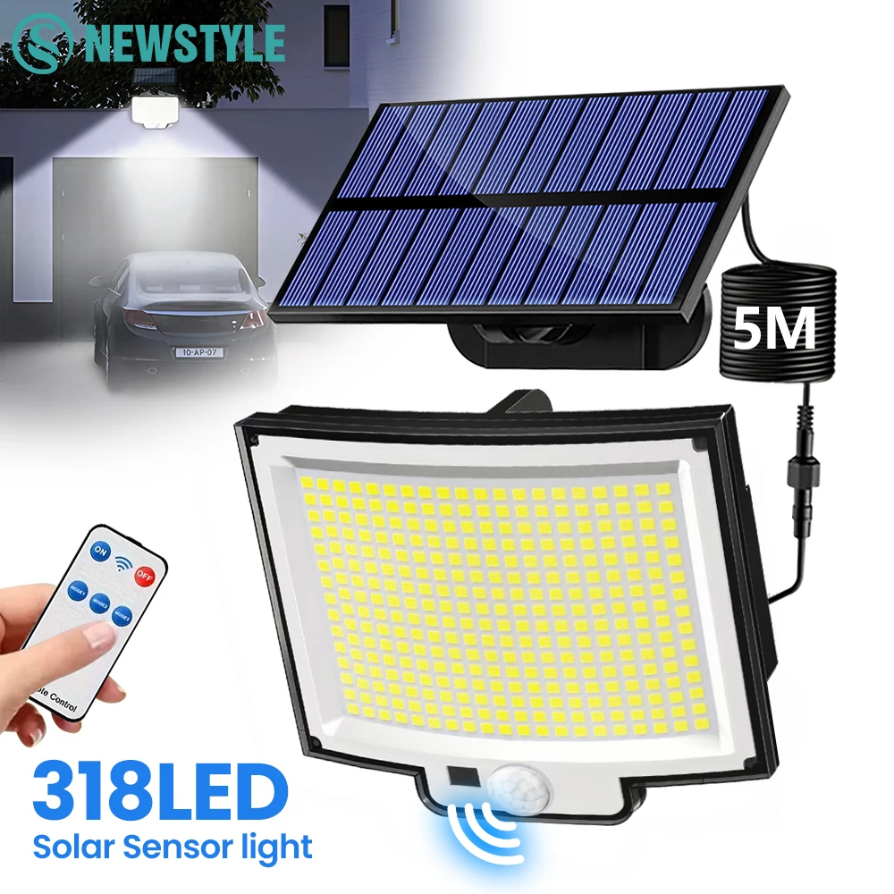 318LED Solarleuchten für den Außenbereich, IP65, Bewegungsmelder, Solar-Sicherheitsleuchten, 3 Beleuchtungsmodi, solarbetriebene Wandleuchte für den Außenbereich, für Gartenzaun, Hofbeleuchtung