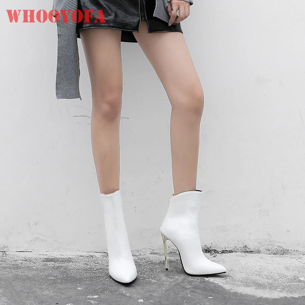 Neue Winter Glamour Schwarz Weiß Frauen Stiefeletten Spitz Super Hohe Stiletto Heels Dame Schuhe Plus Große Größe 12 42 46 48