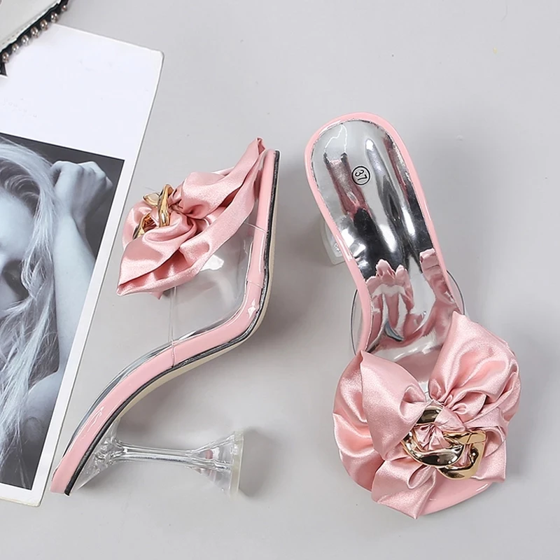 Transparente Hausschuhe für Damen, 2026, Sommermode, rosa Schmetterlingsknoten, Designer-Sandalen, klare Absätze, Größe 46, Damenschuhe