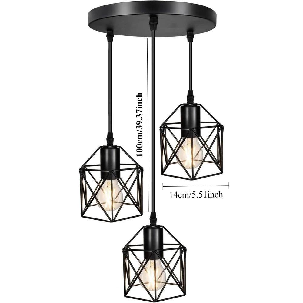 3-flammige industrielle Deckenleuchte im Vintage-Stil mit E27-Fassung und Eisenkäfig-Lampenschirm für Wohnzimmer, Esstisch, Küche, Pendelleuchte