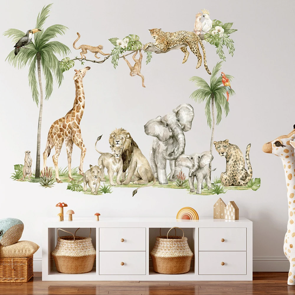 Safari Dschungel Tiere Wandaufkleber Baby Kinderzimmer Kinderzimmer Wild Aquarell Tropischer Affe Giraffe Vogel Elefant Wandtattoo