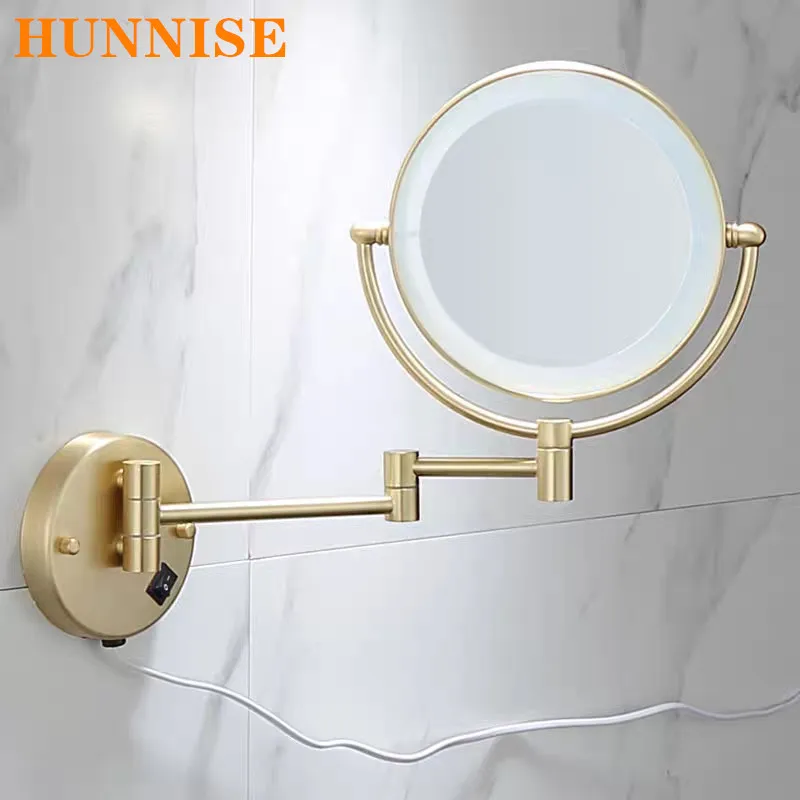 Gebürstet Gold LED Bad Spiegel Qualität Messing Folding Vergrößerungs Hotel Bad Make-Up Spiegel LED Licht Bad Spiegel