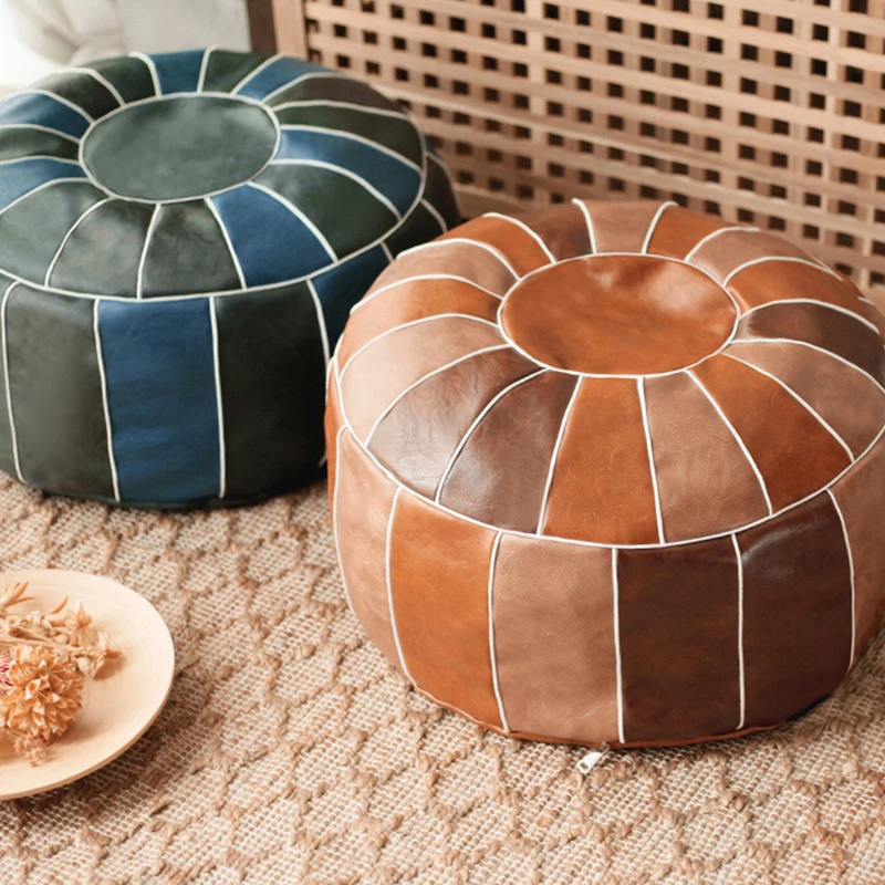 Marokkanischer runder Sitzbezug aus PU-Kunstleder, ungefüllt, bestickt, Pouf-Kissen, Wohnzimmer-Dekoration, Ottoma-Futon-Fußhockerbezug