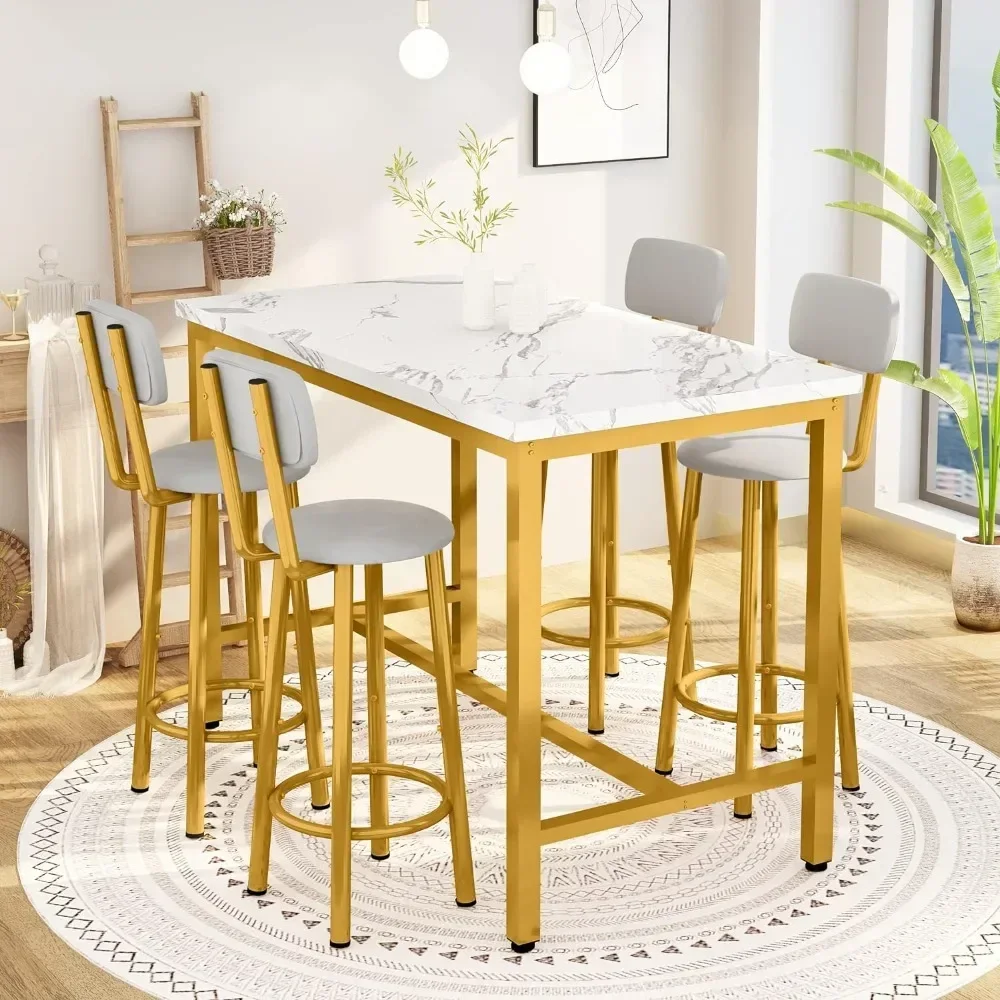 # Heißes Esstisch-Set für 4 Personen, Bartische und Stuhl-Sets, Esstische-Set aus Kunstmarmor in Thekenhöhe, Set mit 4 PU-gepolsterten Hockern