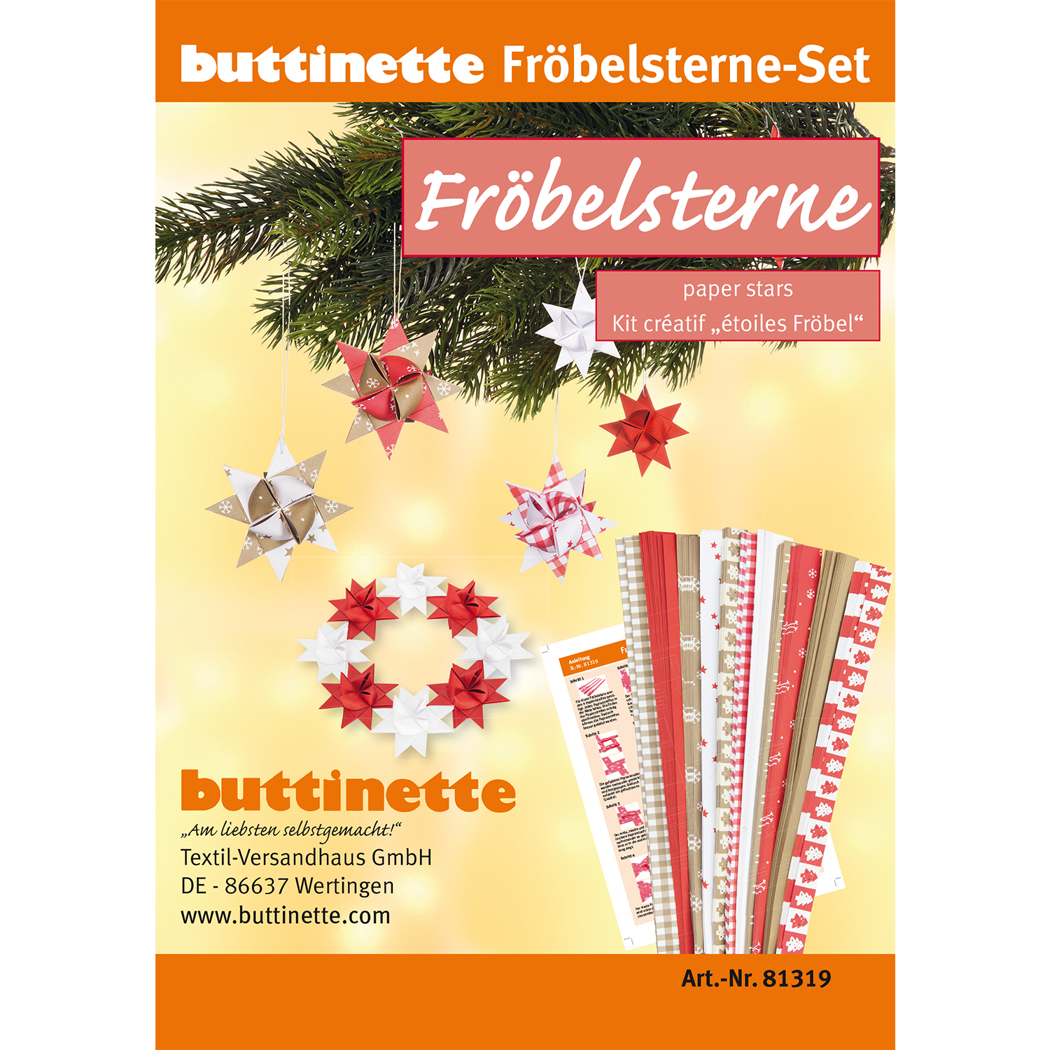 buttinette Kit créatif "étoiles de Fröbel", marron-rouge-blanc, 192 bandes