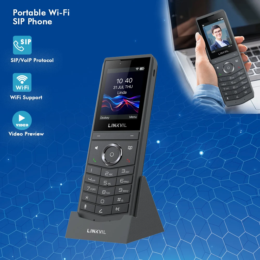 LINKVIL EU-Stecker Tragbares Kabelloses WLAN SIP-Video-Telefon Handgerät Audio Fanvil VoIP-Telefon für Büro, Zuhause, Hotel, Geschäft