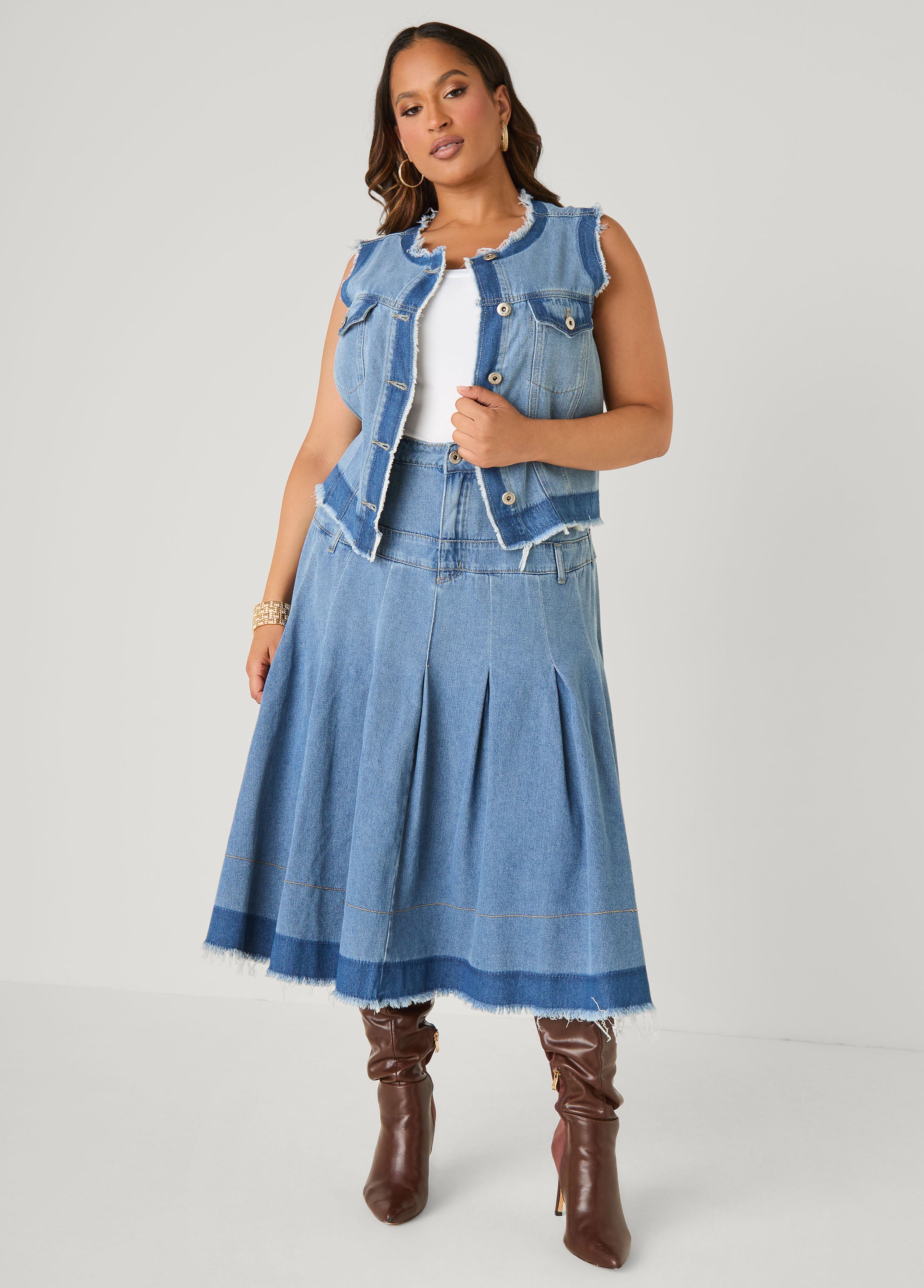 Plus Size Pleated Two Tone Midi Denim Skirt - Ashley Stewart