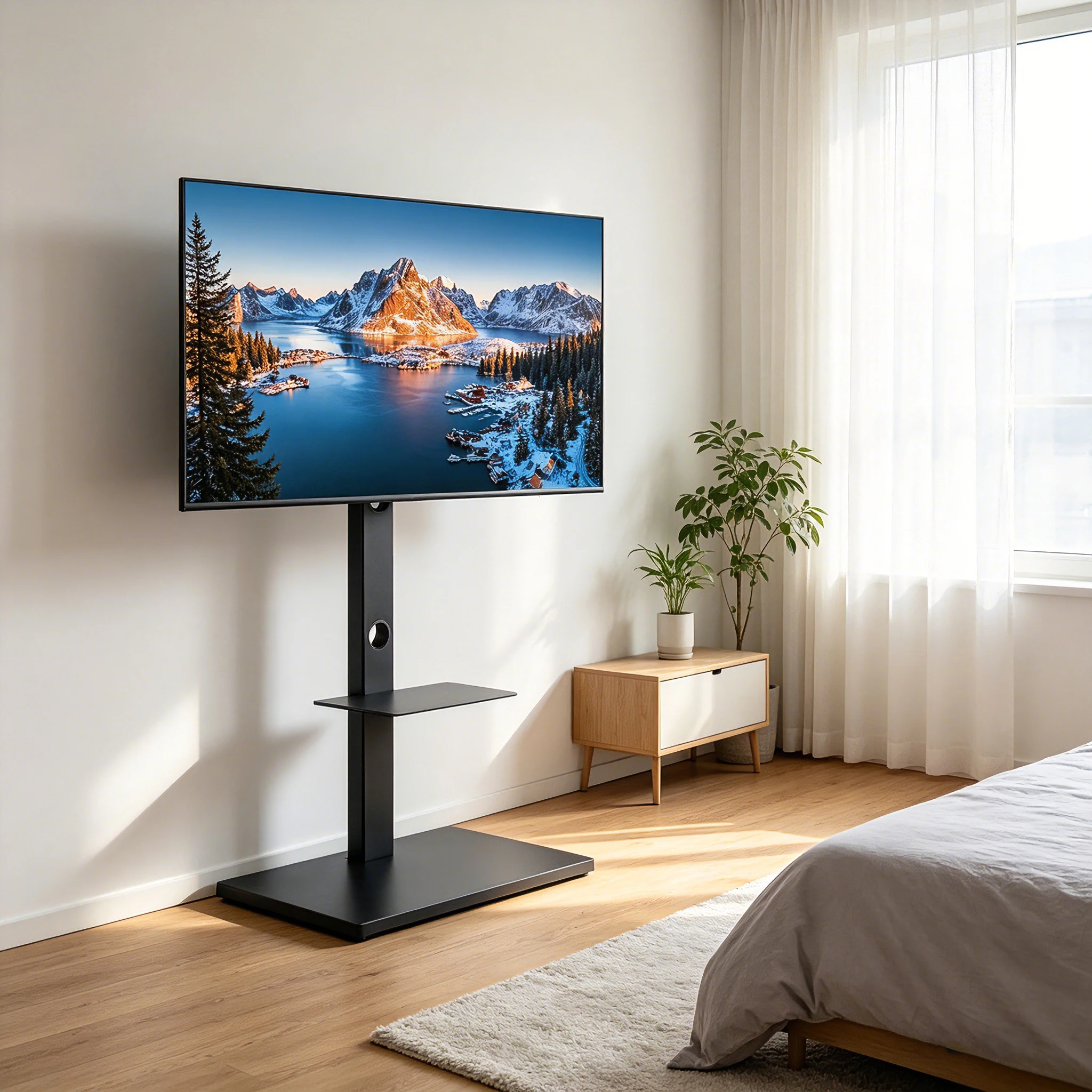 Schwerlast-Boden-TV-Halterung, höhenverstellbarer, schwenkbarer TV-Ständer für 32-65 Zoll LED-LCD-Fernseher