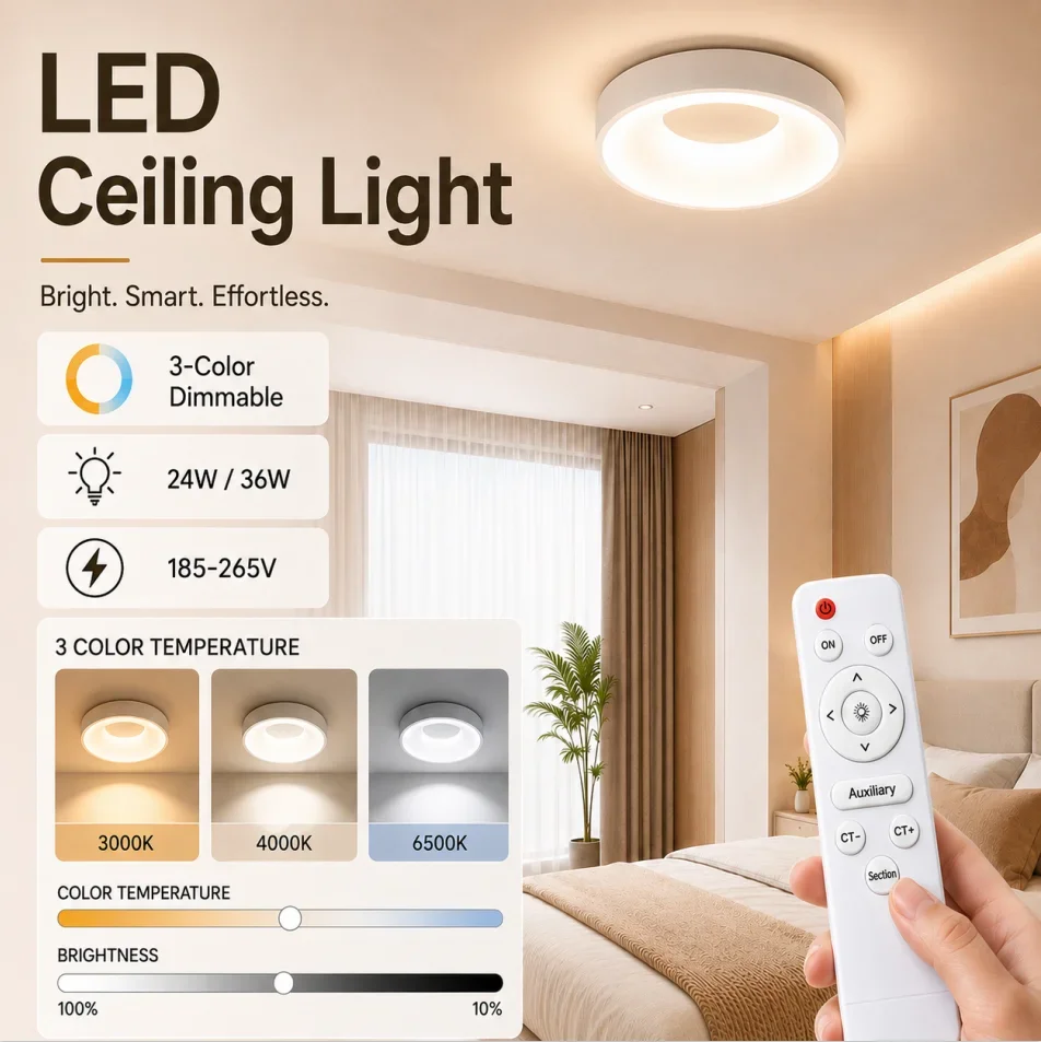 LED-Deckenleuchte mit Fernbedienung, 3 Farben dimmbar, moderne Aufbauleuchte für Schlafzimmer, Wohnzimmer, Küche, 24W 36W