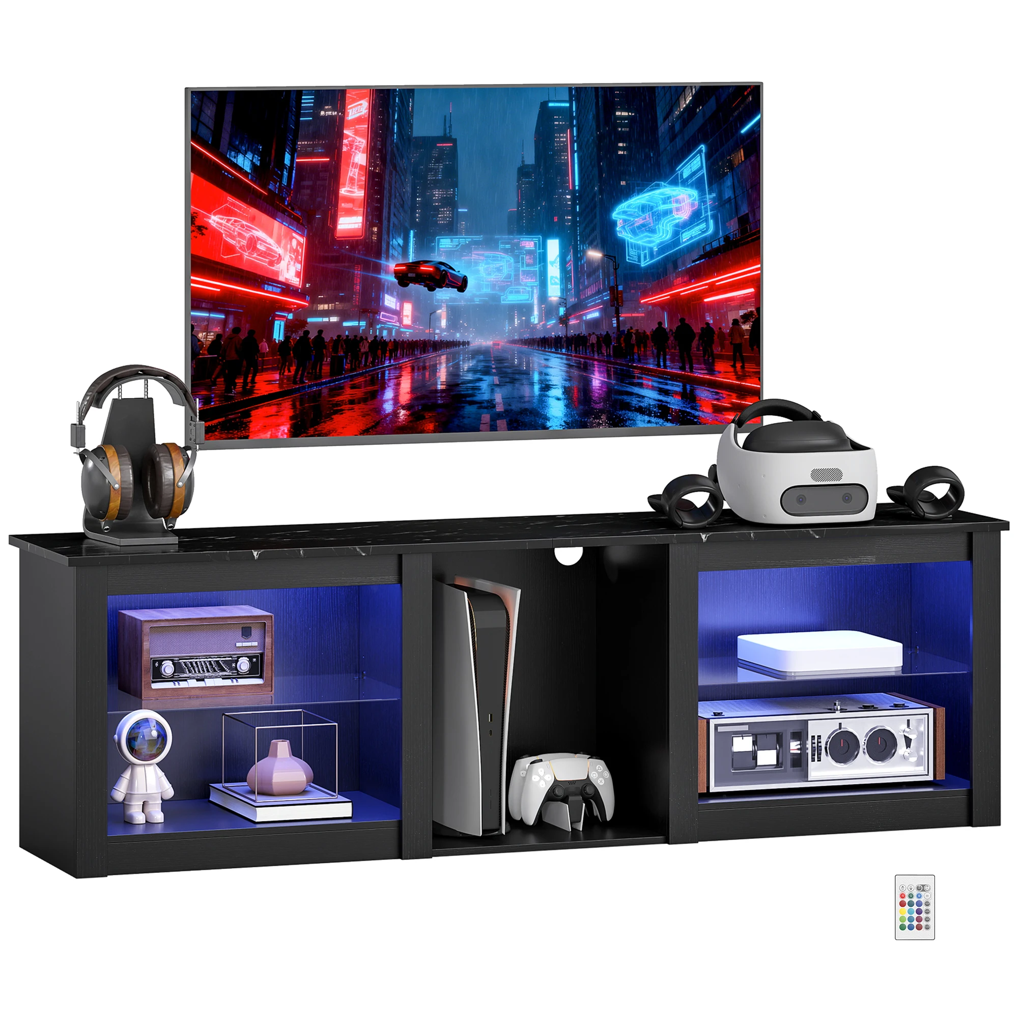 Homcom LED RGB TV-Schrank, Holz-TV-Ständer, TV-Bank für bis zu 65 Zoll mit verstellbaren Glasregalen, 5 Fächern, Kabelmanagement und Fernbedienung für Wohnzimmer, Schlafzimmer, dimmbar. 160 x 35 x 50 cm, Schwarz