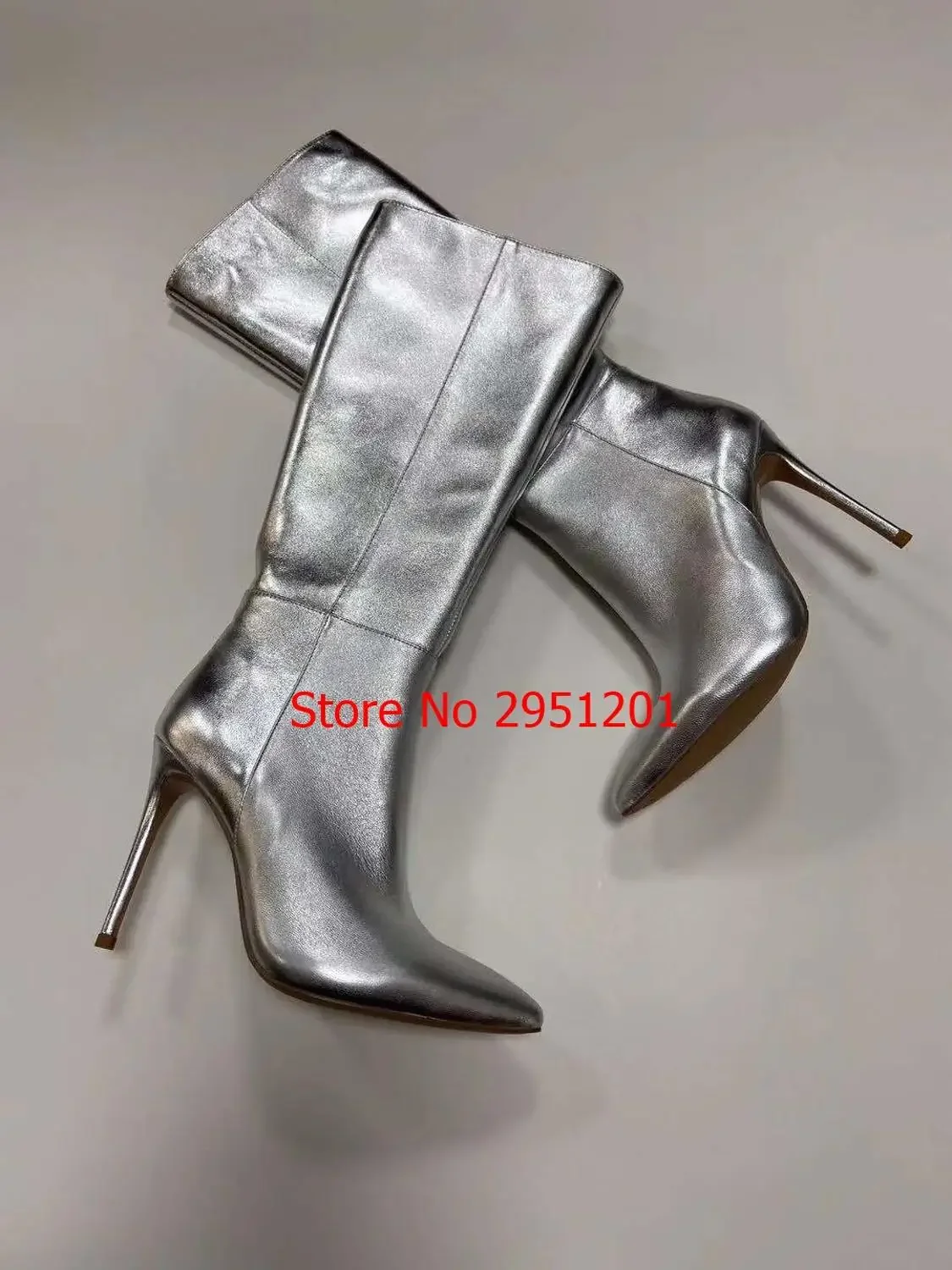 Damenschuhe Stiefel High Heels Silber Kniehohe Stiefel Leder Mode Schönheit Damen Lange Stiefel Größe 35-42