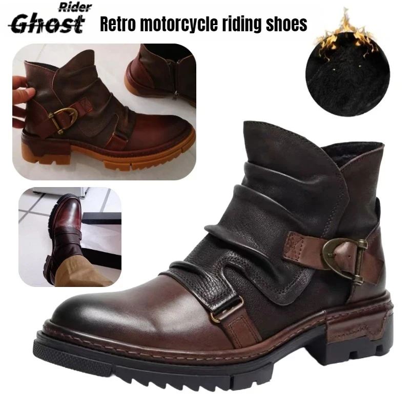 Heiße Retro-Nostalgie Rindsleder Herren-Motorradstiefel Leder-Herrenschuhe Reitstiefel Motorradstiefel Knöchelhohe Stiefel mit Plüschfutter