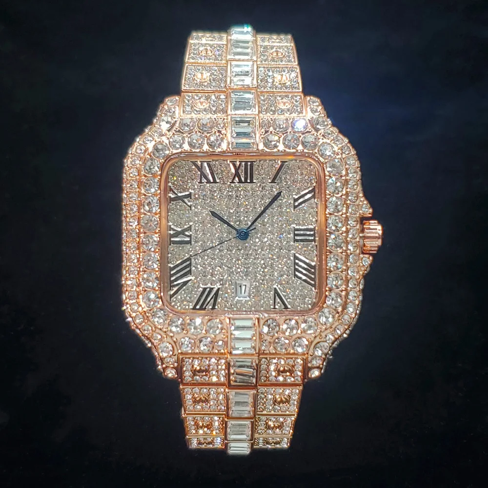 Luxuriöse Voller Diamanten Uhr Für Männer Beliebte Rose Gold Iced Out Quarz Uhren Mode Hip Hop Schmuck Reloj Hombre Dropshipping