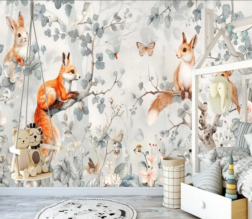 Maßgefertigte Wandtapete Handgezeichneter Cartoon-Wald mit Niedlichen Kleinen Tieren Kinderzimmer Hintergrund Wanddekoration Wandbild
