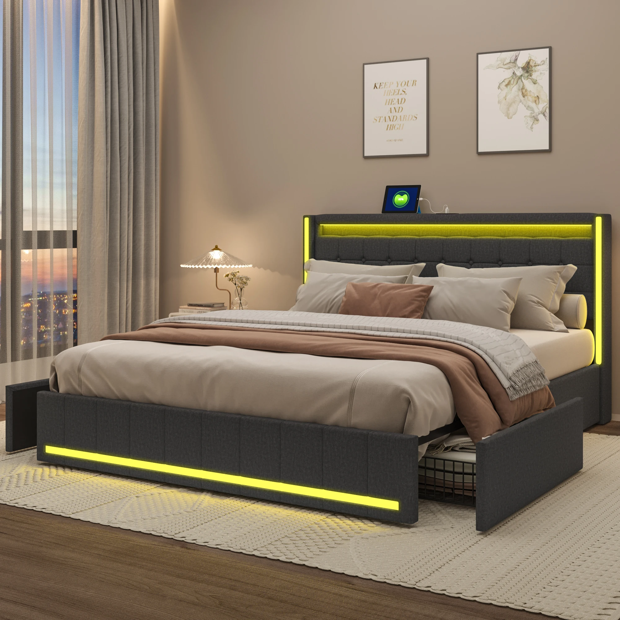 Anajqaqia 140 x 200 cm großes modernes Doppelbett, gepolstertes Schubladenbett mit 4 Rollschubladen und Kopfteil mit Stauraum, Leinenstoff, Schlafzimmermöbel