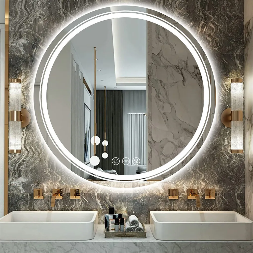 LED Badezimmerspiegel 900MM Runder Wandspiegel mit Frontbeleuchtung + Hintergrundbeleuchtung Kosmetikspiegel 3 Farben
