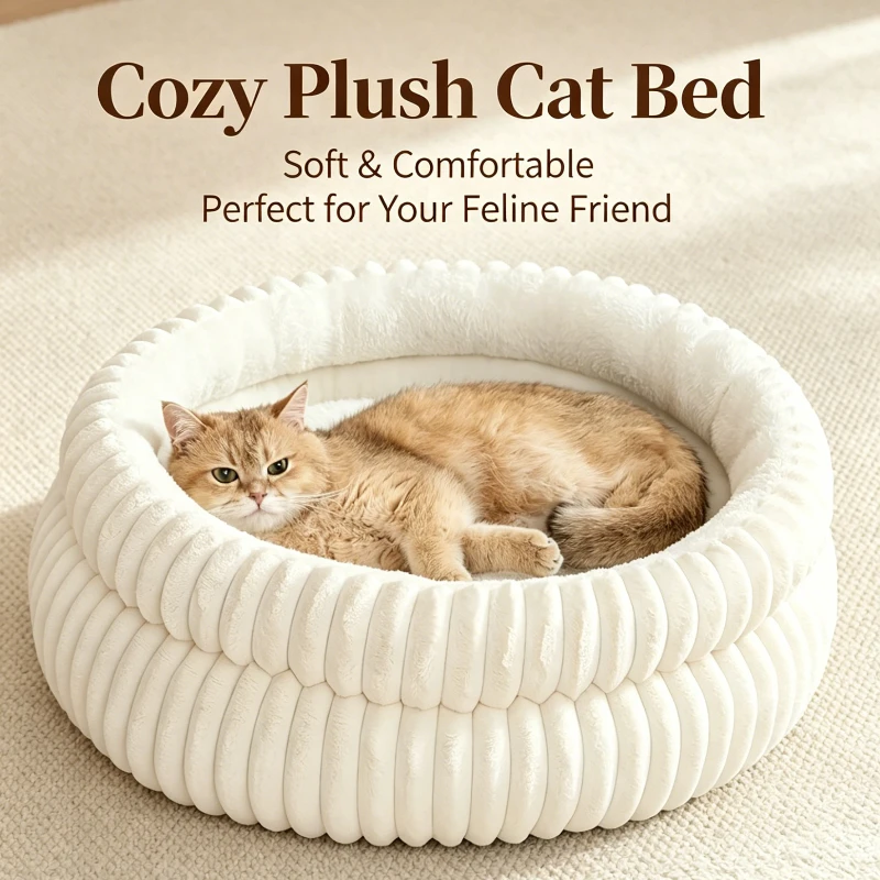 Weiches Plüsch-Rundbett für Katzen, Gemütliches Donut-Kuschelnest mit Erhöhtem Rand für Hauskatzen & Kleine Hunde, Anti-Angst-Schlafplatz
