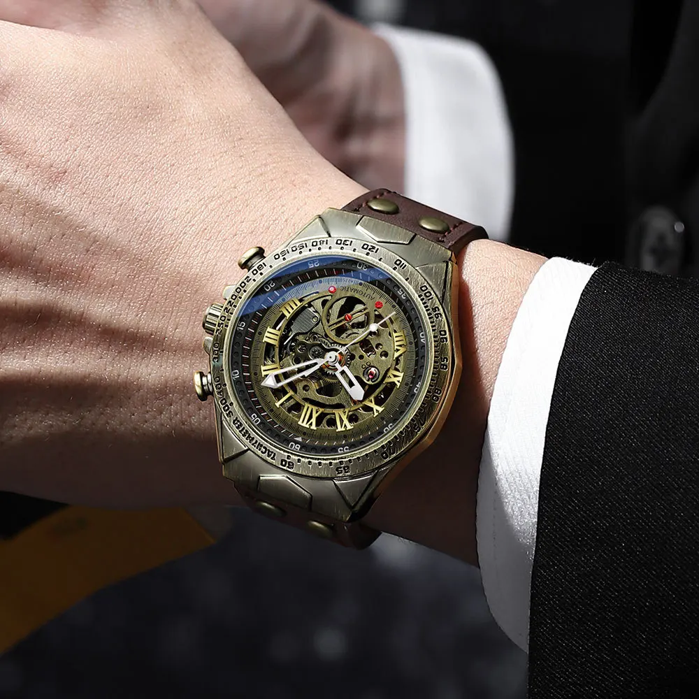 Vintage männer Automatische Mechanische Uhr Marke Business Wasserdichte Antike Bronze Lederband Männliche Mode Uhr Uhren Geschenk