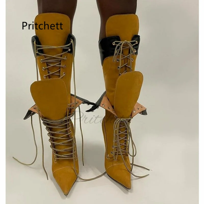 Gelbe Wildleder-Patchwork-Stiefel mit hohem Absatz für Damen, spitzer Zehenbereich, Stiletto-Absatz, sexy kniehohe Damenstiefel, Winterschuhe