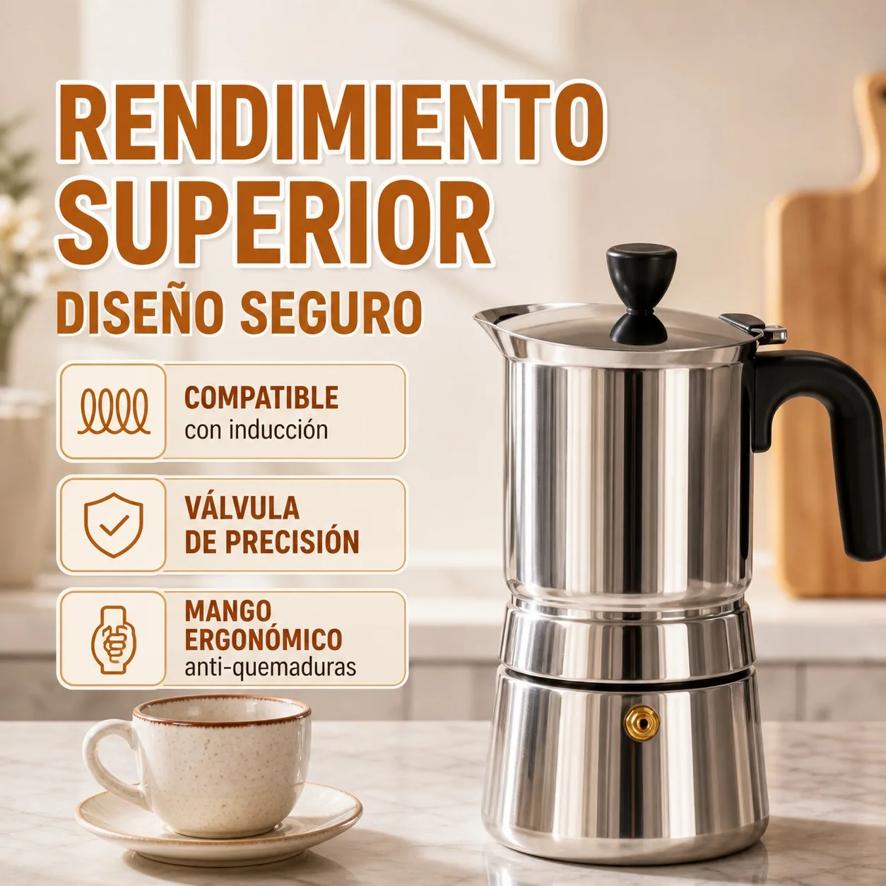 Cafetière italienne en acier inoxydable pour induction, cafetière Moka de 300 ml pour 4 tasses, cafetière à expresso manuelle avec poignée ergonomique et soupape de sécurité, design premium de 18 cm