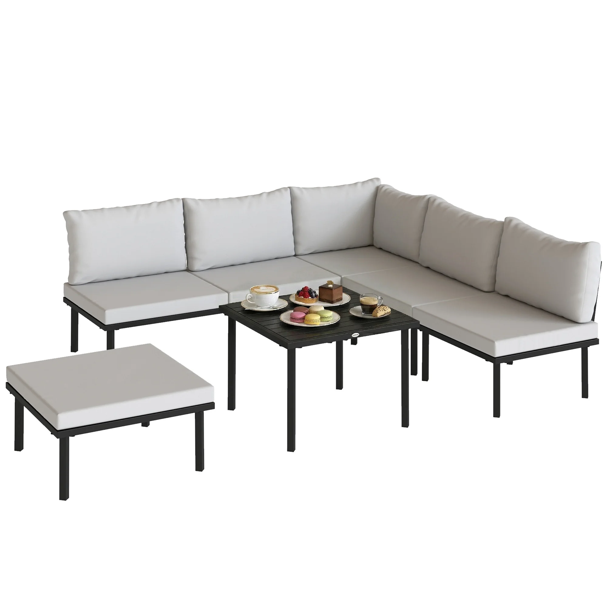 Ensemble salon de jardin 5‑6 personnes, ensemble mobilier de jardin : canapé de jardin 2 places, 2 chaises, fauteuil d’angle, table design lamellaire, pouf