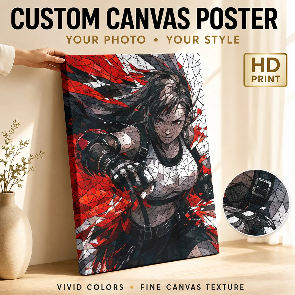 Affiche sur toile en verre teinté Tifa Lockhart, photo personnalisée, peintures murales modernes sur le thème de la pop culture, décoration pour home cinéma