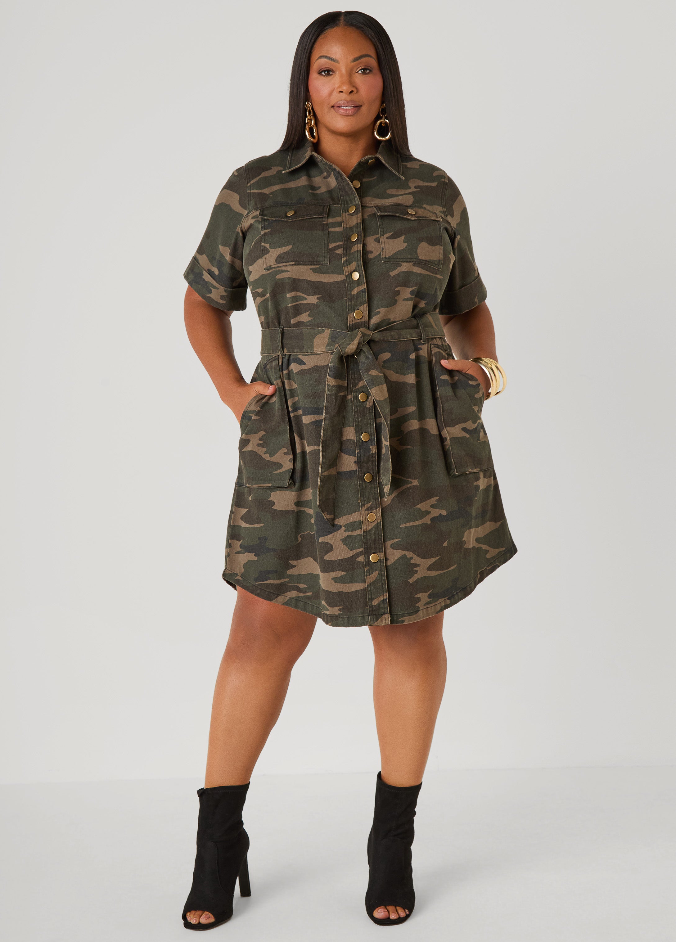 Plus Size Belted Camo Print Denim Dress