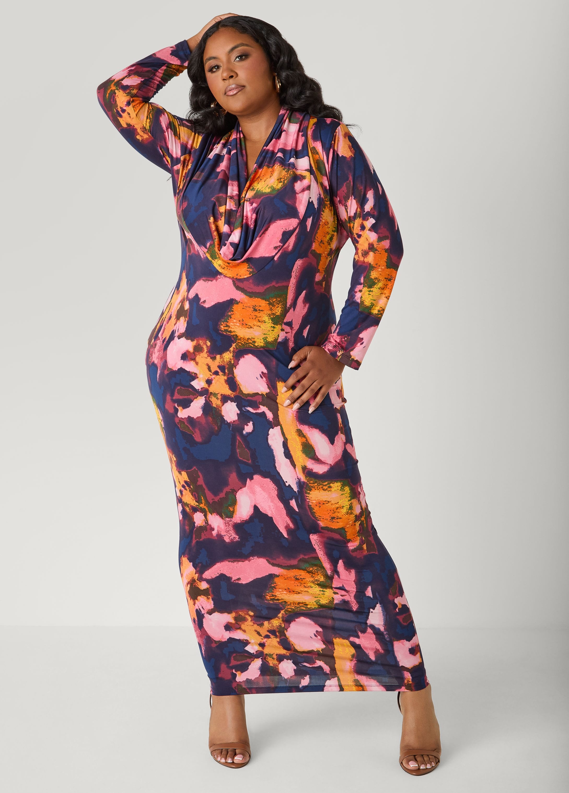 Plus Size Watercolor Cowl Neck Bodycon Dress