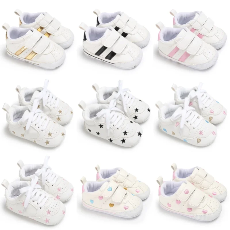 Frühling und Herbst Neues Produkt Sport Bunte Fünf-Sterne-Babyschuhe Lernschuhe Weiche Sohlen Weiße Schuhe 0-12 Monate Babyschuhe