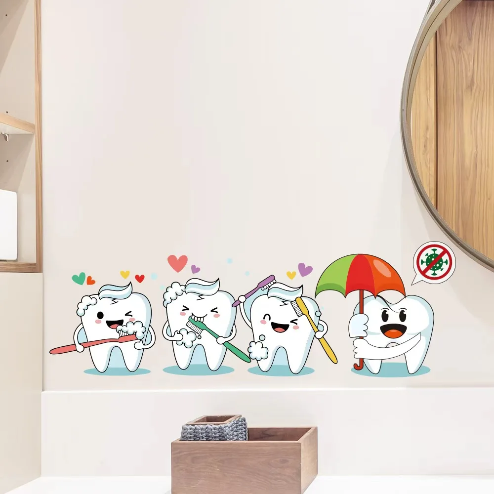 Badezimmer-Dekoration, Cartoon-Zähne, Wandaufkleber, selbstklebend, für Babyzimmer, Zähne und Zahnbürste, Wandkunst, Wandtattoo