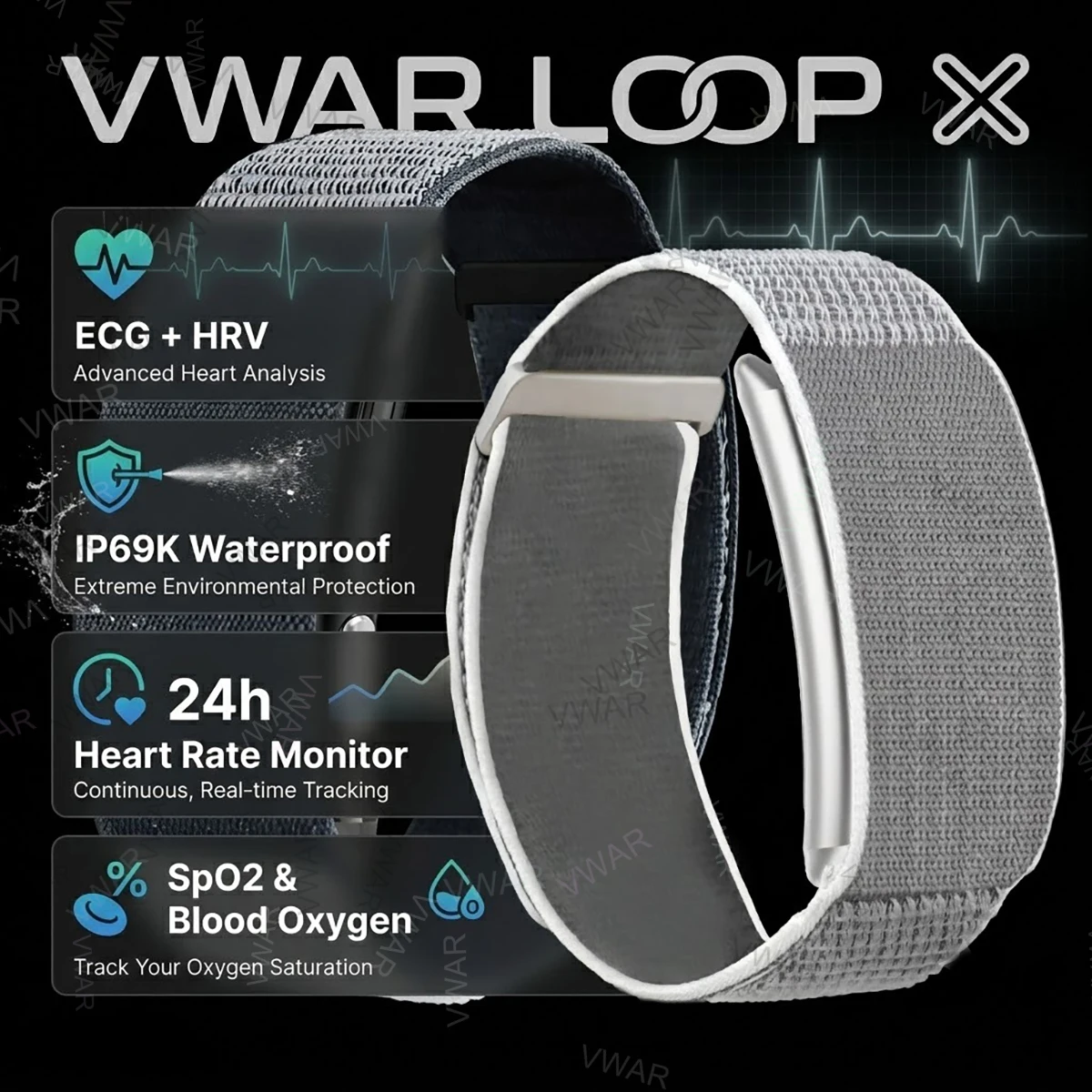 VWAR Loop X Smart Band Bildschirmloses EKG Gesundheitspflege Herzfrequenz HRV Aktivitäts-Fitness-Tracker Blutsauerstoff Wasserdichtes Smart-Armband