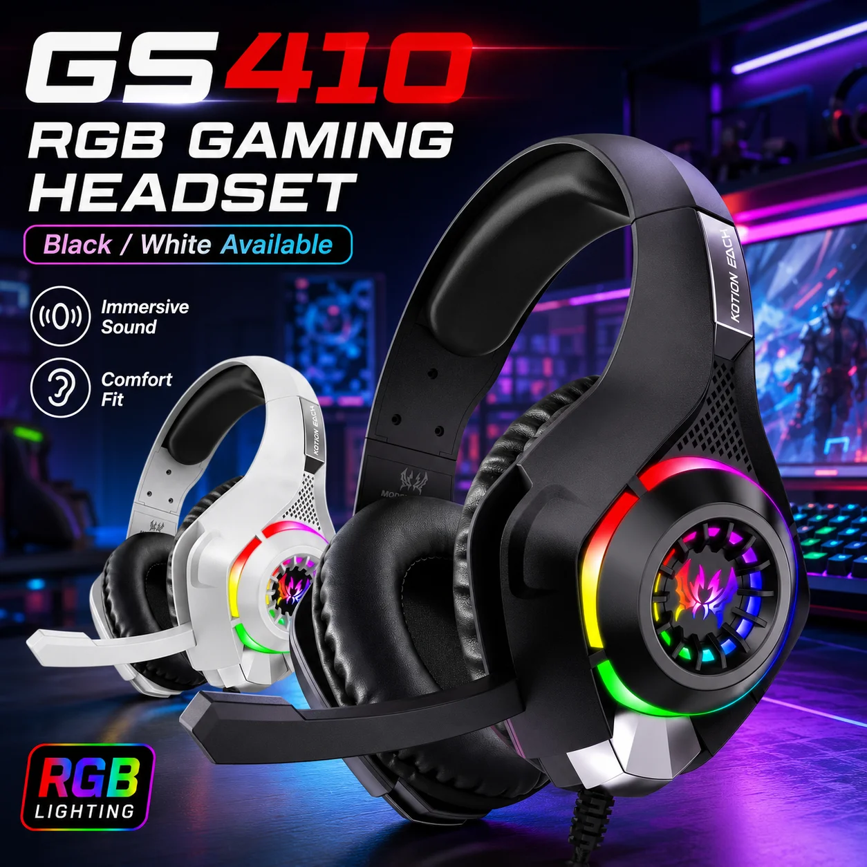 Gaming-Headset GS410 Kabelgebundene Over-Ear-Kopfhörer 3,5mm RGB mit Mikrofon Stereo-Bass Geräuschunterdrückung für PC PS4 PS5 Xbox Laptop Gaming