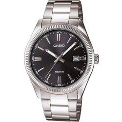 Casio - 1302D 1A1 MTP-Classic-Men's Watch Analogue Quartz Black Dial Steel Strap Grey
