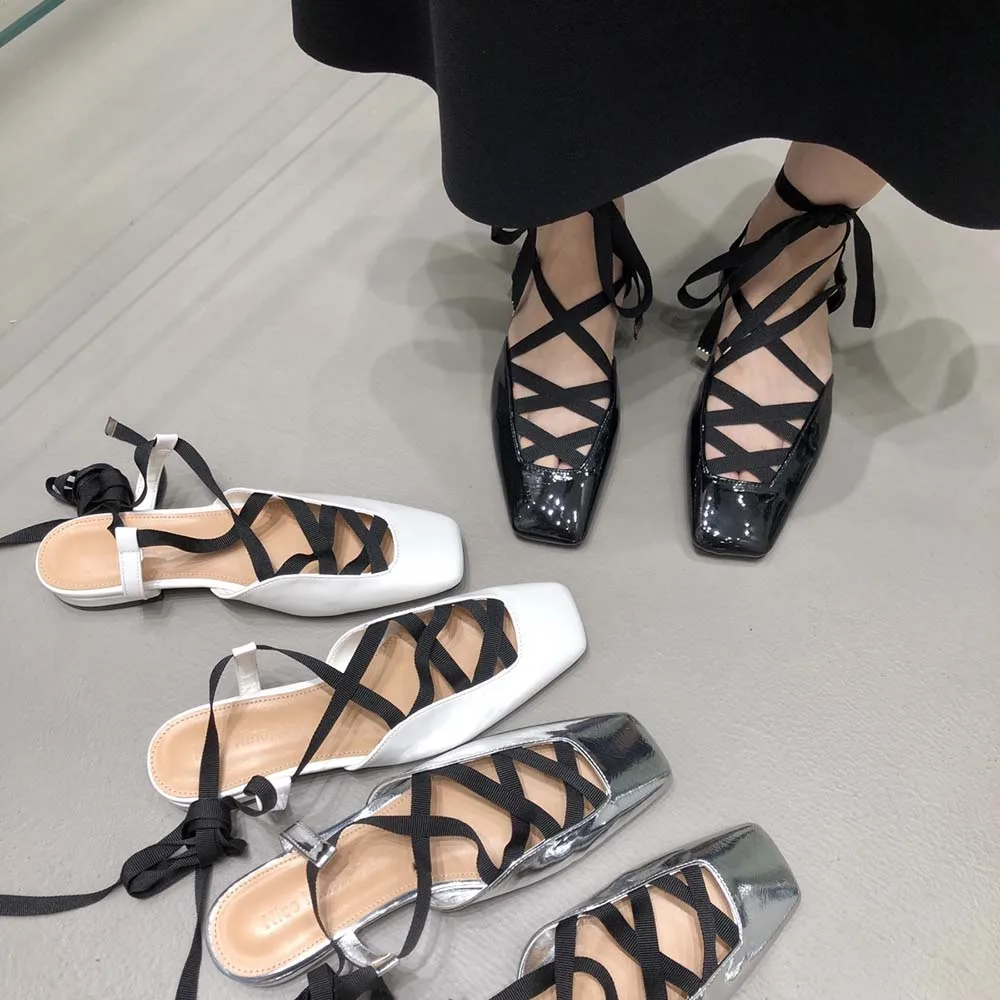 Karree Frauen Sandalen Patent Leder Flache Mit Hohen Absätzen Cross Strap Lace Up Sommer Party Sandalen Schuhe Frau Größe 35-39 weiß Schwarz