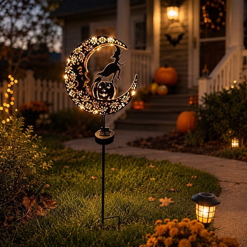 strega solare di Halloween Luce da giardino a forma di zucca e luna, decorazione da giardino a forma di mezzaluna illuminata con strega, decorazione di Halloween per esterni per giardino, prato,