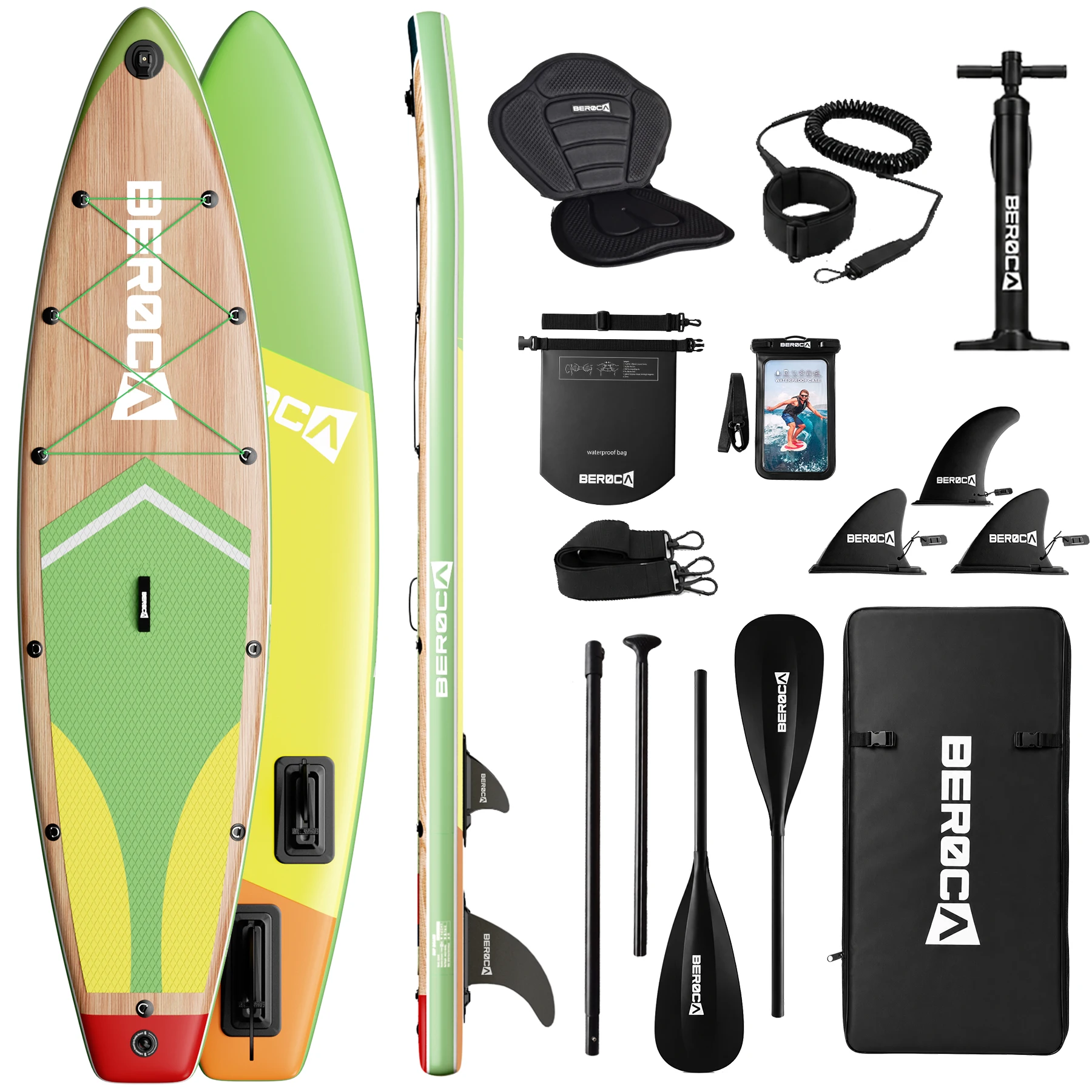 Planche de paddle gonflable pour adultes, idéale pour le surf, les compétitions nautiques et les activités de loisirs en eau. Facile à transporter et à ranger, cet équipement de sport nautique est