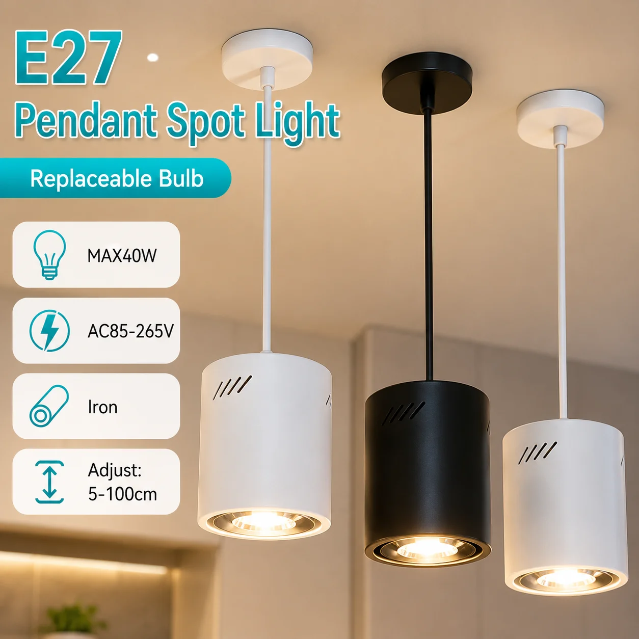 Eisen-Kronleuchter LED-Deckenstrahler E27-Glühbirne Ersatz Hängender Strahler Verstellbare Höhe 5-100CM Pendel-LED-Deckenlampe